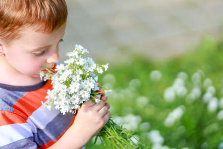 Red-haired little boy in a striped T-shirt sniffs a bouquet of freshly picked white flowers on a sunny spring afternoon, a view from above and from the side, close-up. Place for text.の写真素材