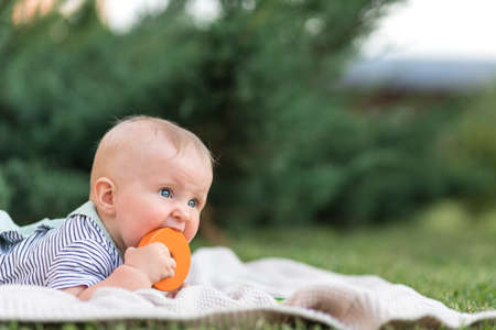 Baby up to a year gnaws on a wooden toy in the summer in nature, close-up, teething concept.の写真素材