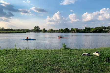 Krasnodarskyi kray, Russia - September 14, 2021: teaching children to row kayaks.のeditorial素材