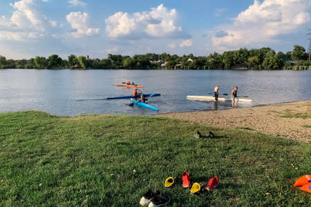 Krasnodarskyi kray, Russia - September 14, 2021: teaching children to row kayaks.のeditorial素材