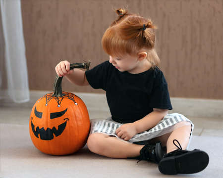 CUTE LITTLE GIRL SITS AND LOOKS AT A PAINTED PUMPKIN FOR HALLOWEEN IN ANTICIPATION OF THE HOLIDAY.の写真素材