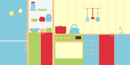 Vector image of kitchen interior in modern style. Simplicity and minimalism, bright colors. Depicted refrigerator, stove, dishes, Cutlery.のイラスト素材