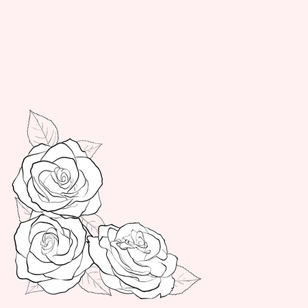 Simple black and white vector illustration of three rose flowers on a background of pastel colors. Greeting card with place for text.のイラスト素材