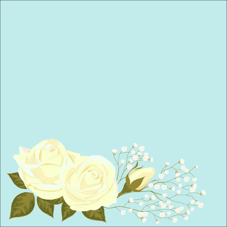 vector illustration of rose flowers with one Bud unblown, with small white flowers, on a background of pastel colors. Greeting card with place for text.のイラスト素材