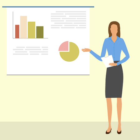 Business woman shows a report with graphs and charts on the Board. The teacher explains the courses, conducts training. Flat design vector illustration.のイラスト素材