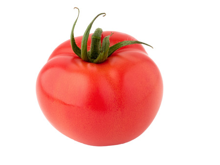 isolated image of a tomato with leaves on white backgroundの写真素材