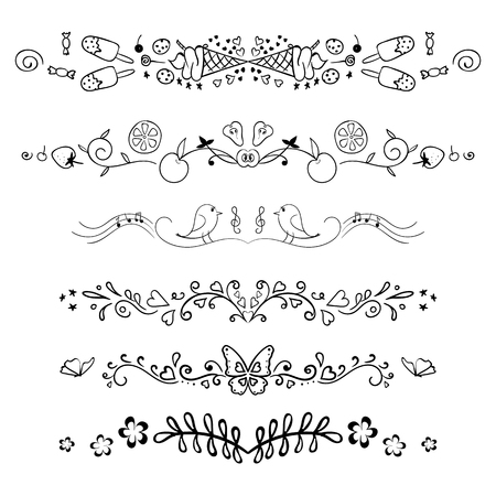 Set of decorative swirls elements, dividers, page decors. Hand drawn vector ornaments with heart, bird, music, music, fruit, sweets, ice cream, desserts, butterflies, flowers.のイラスト素材