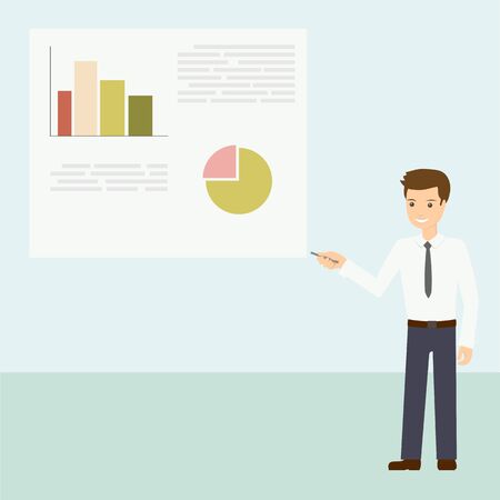 Business man shows a report with graphs and charts on the Board. The teacher explains the courses, conducts training. Flat design vector illustration.のイラスト素材