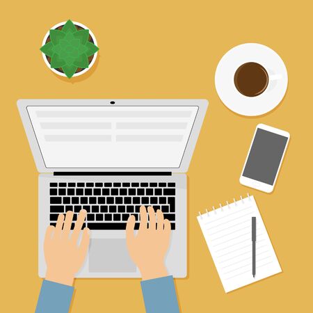 Workplace person working at computer. Concept of sedentary lifestyle, office. Notebook, notepad, cup of coffee, cactus, mobile phone on the table. Top view, flat design style.のイラスト素材