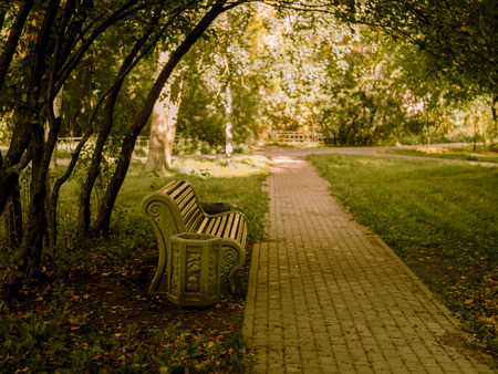 large bench on the path in the Park among the trees, autumn backgroundの写真素材