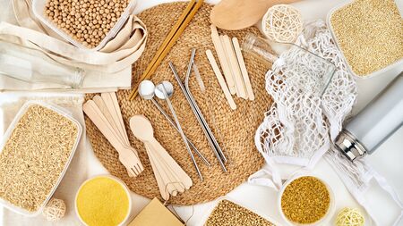 Zero waste concept. Reusable products, gluten free. Natural materials, environmentally friendly,...