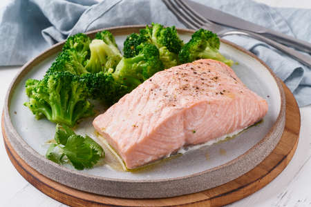 Steam salmon and vegetables, broccoli, paleo, keto, lshf or dash diet. Mediterranean foodの写真素材