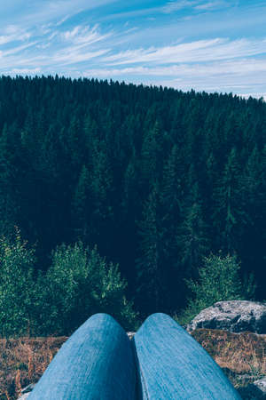 Unrecognizable person sitting on mountain of wild woods, local travel. One with nature. North nature, taiga. Priozersk region Korela Russiaの写真素材