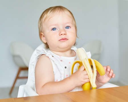 Adorable blond blue-eyed caucasian baby on highchair looking at camera and holding banana in hands....