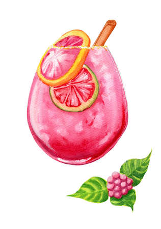 Hand painted watercolor raspberry beverage with orange and lemon slices, ice chips, vanilla in a round glass isolated on the white beackgroundの写真素材