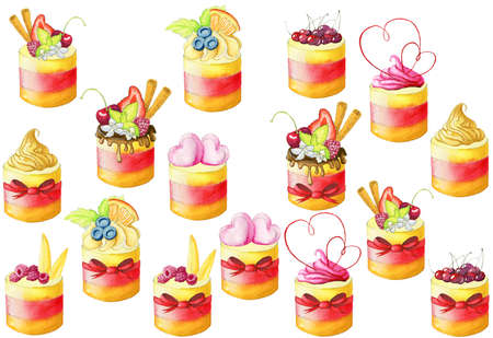 Watercolor hand painted cakes collection with sixteen cakes isolated on the white background.の写真素材