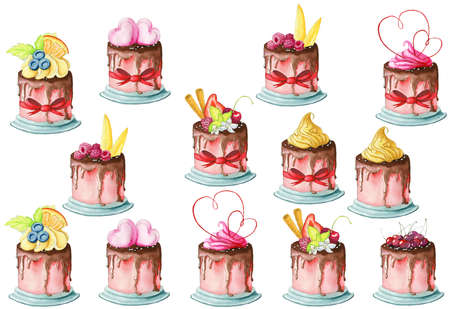Watercolor hand painted cakes collection with thirteen cupcakes isolated on the white background.の写真素材