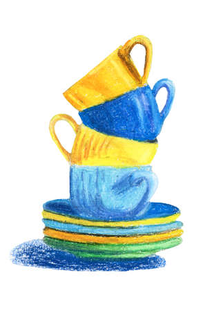 Oil pastel stack of cups isolated on the white backgroundの写真素材