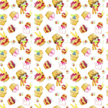 Watercolor hand painted dessert pattern with cupcakes isolated on the white backgroundの写真素材