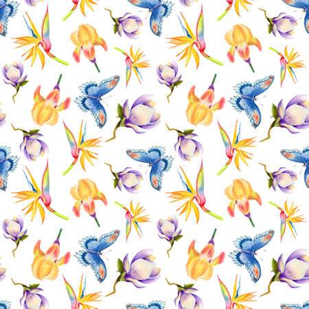 Hand painted watercolor seamless pattern with tropical flowers and butterflyの写真素材