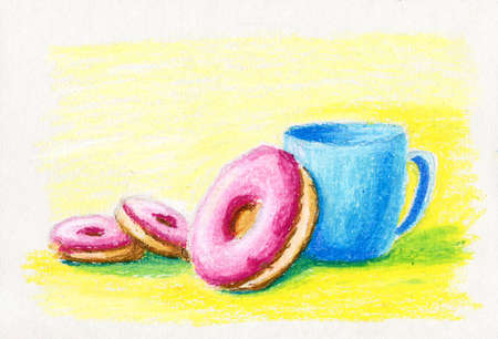 Hand-drawn oil pastel glazed pink doughnutsの写真素材