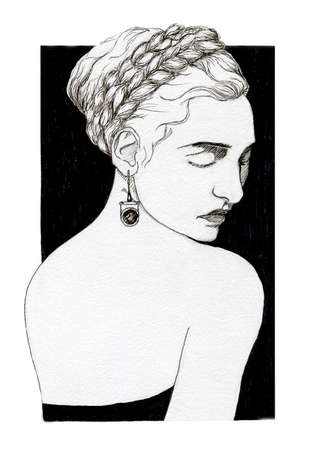 Young woman in black dress with open backの写真素材