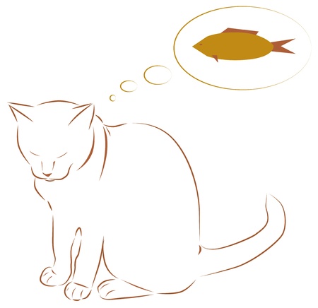 White cat dreaming of fish illustrationのイラスト素材