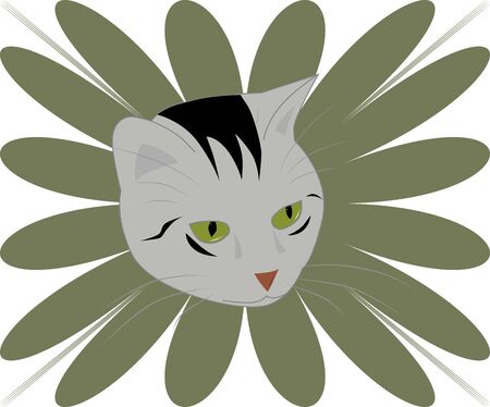 Muzzle of tabby with green eyes on a green background, illustrationのイラスト素材
