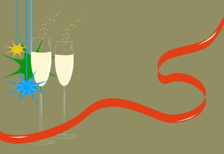 Green background with a glass of champagne, a red ribbon and Christmas decorationsのイラスト素材
