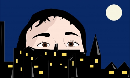 Man hiding behind the houses in the night city, vector illustrationのイラスト素材