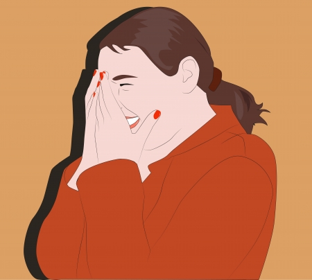 Laughing young woman hides her face in her handsのイラスト素材