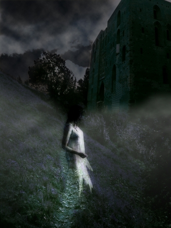 Mysterious castle with a ghost at night in the fogの写真素材
