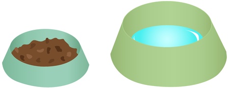 Two green bowls, one with food and the other with waterのイラスト素材