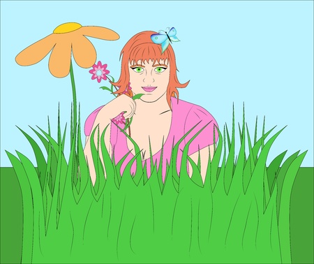 Smiling fairy sitting in the grass with a flower in her handのイラスト素材