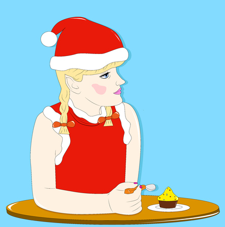 Christmas elf girl sitting at the table and eat cakeのイラスト素材