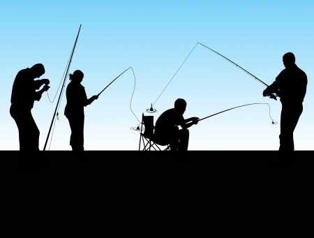four fishermen silhouette on a blue background. vector illustrationのイラスト素材