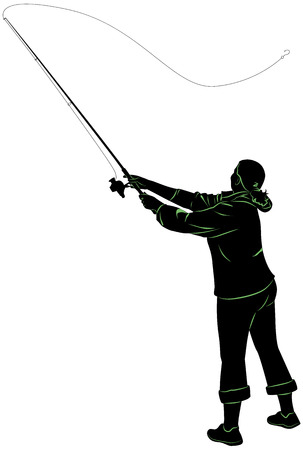 Silhouette of a woman casting a fishing rodのイラスト素材