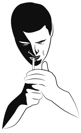 Black and white portrait of a man lights a cigaretteのイラスト素材
