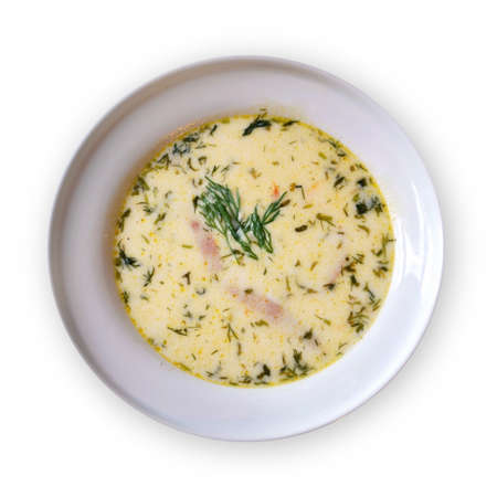 White plate with cream cheese soup on white backgroundの写真素材