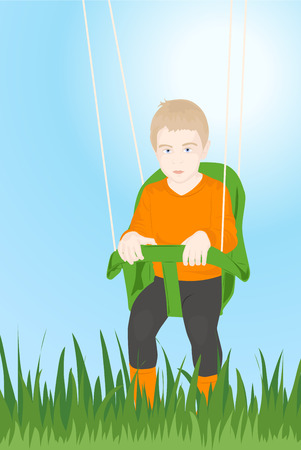 cute little boy sitting on a swingのイラスト素材