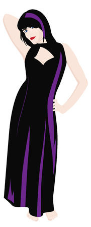 Beautiful young brunette woman with red lips in gothic black dress with bare feet, vector illustrationのイラスト素材
