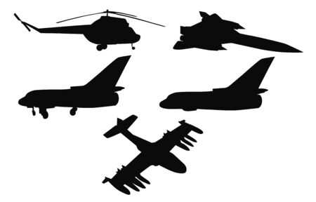 Set of silhouettes of planes and helicopterのイラスト素材
