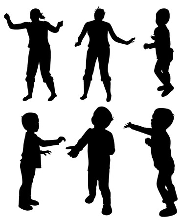Set of silhouettes of people, two dancing girls and four childrenのイラスト素材
