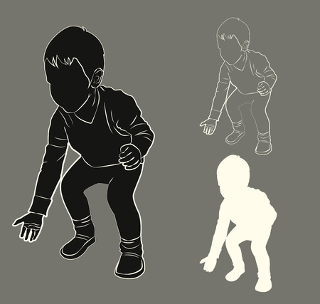 Silhouette and contour of the child, who crouched down to pick something up, vector illustrationのイラスト素材
