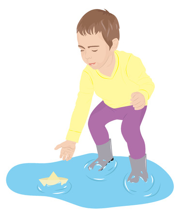 A child standing in a puddle playing with paper ship, vector illustrationのイラスト素材