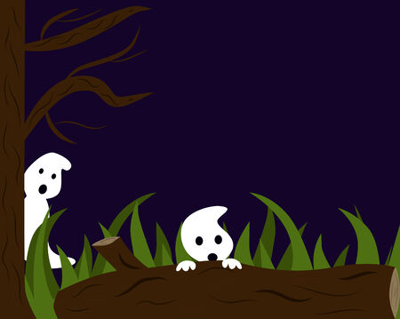 Frightened little ghosts hiding behind trees, vector illustrationのイラスト素材