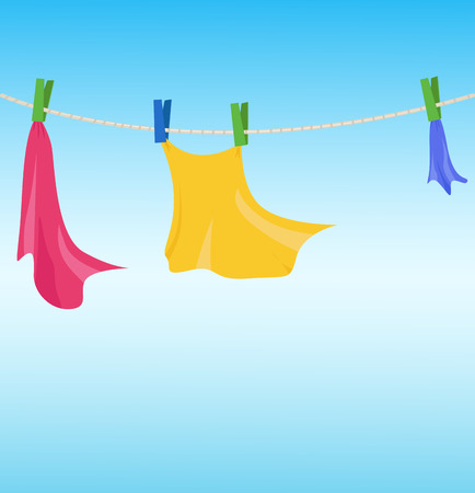 Colorful items dry on the clothesline on a blue sky backgroundのイラスト素材
