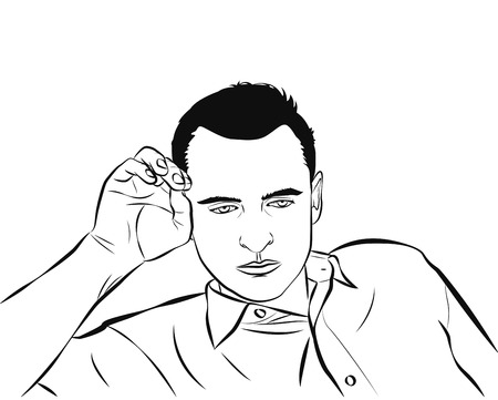 Sad man sitting propping his head his hand illustrationのイラスト素材