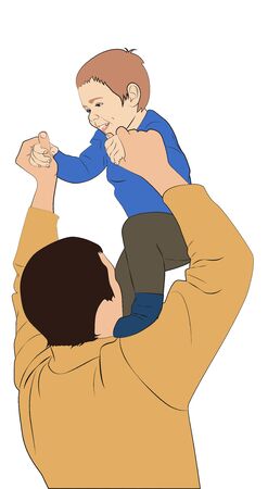 Father playing with his son, raises him up, vector illustrationのイラスト素材