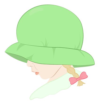 Portrait of a little girl with pigtails in a green hat covering face, vector illustrationのイラスト素材